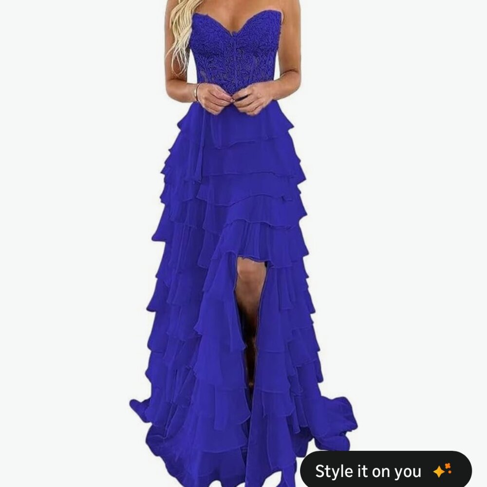 Lace Strapless Tiered Prom Dress Long Corset Ruffle Chiffon Formal Evening Gown